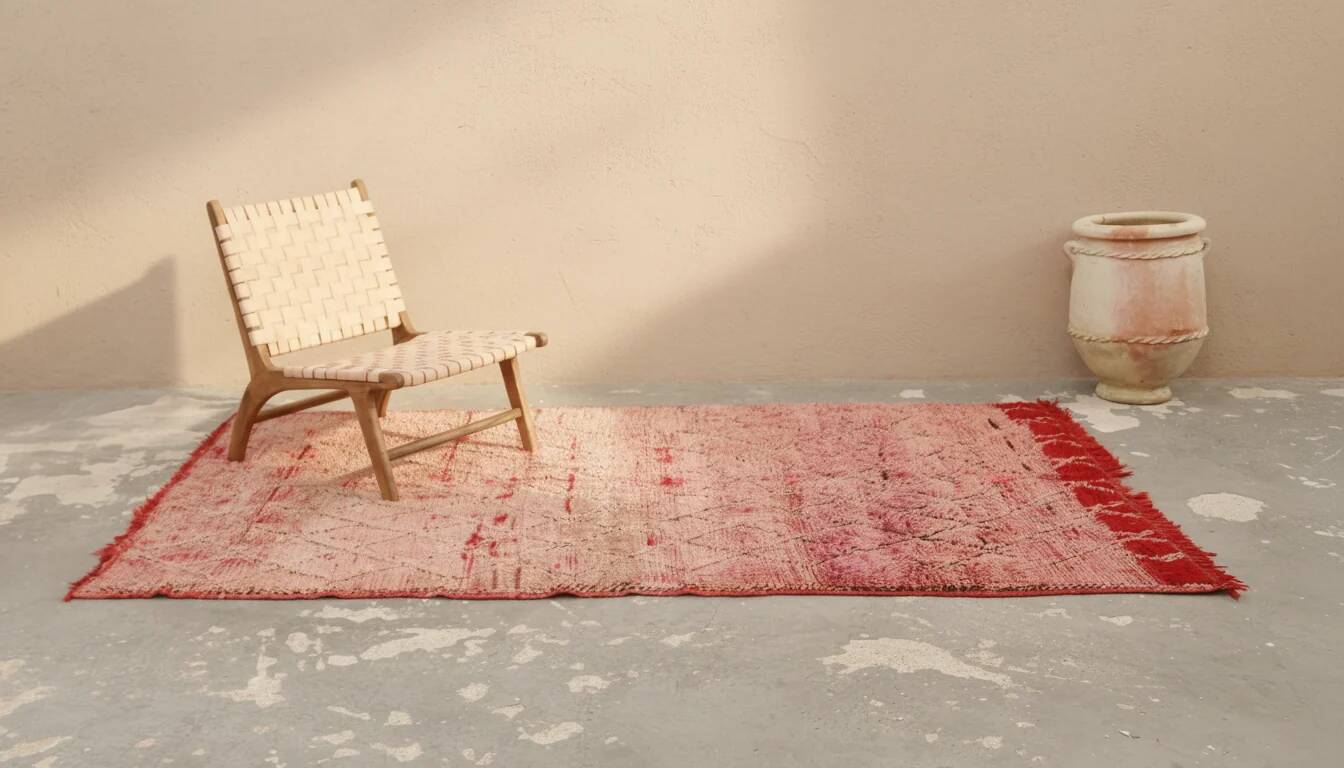 Vintage Boujaad rug 260×165 cm – Moroccan pink Berber rug with faded diamond tribal pattern, GO-1007