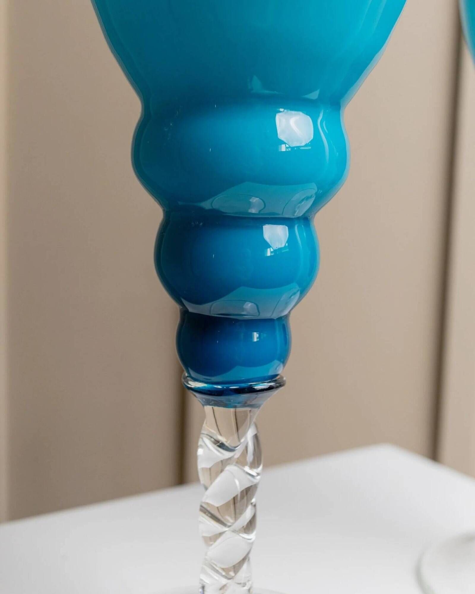 Azure Blue Murano Glass Vase XL, Fluted Beaded Silhouette, 1960s Hollywood Regency