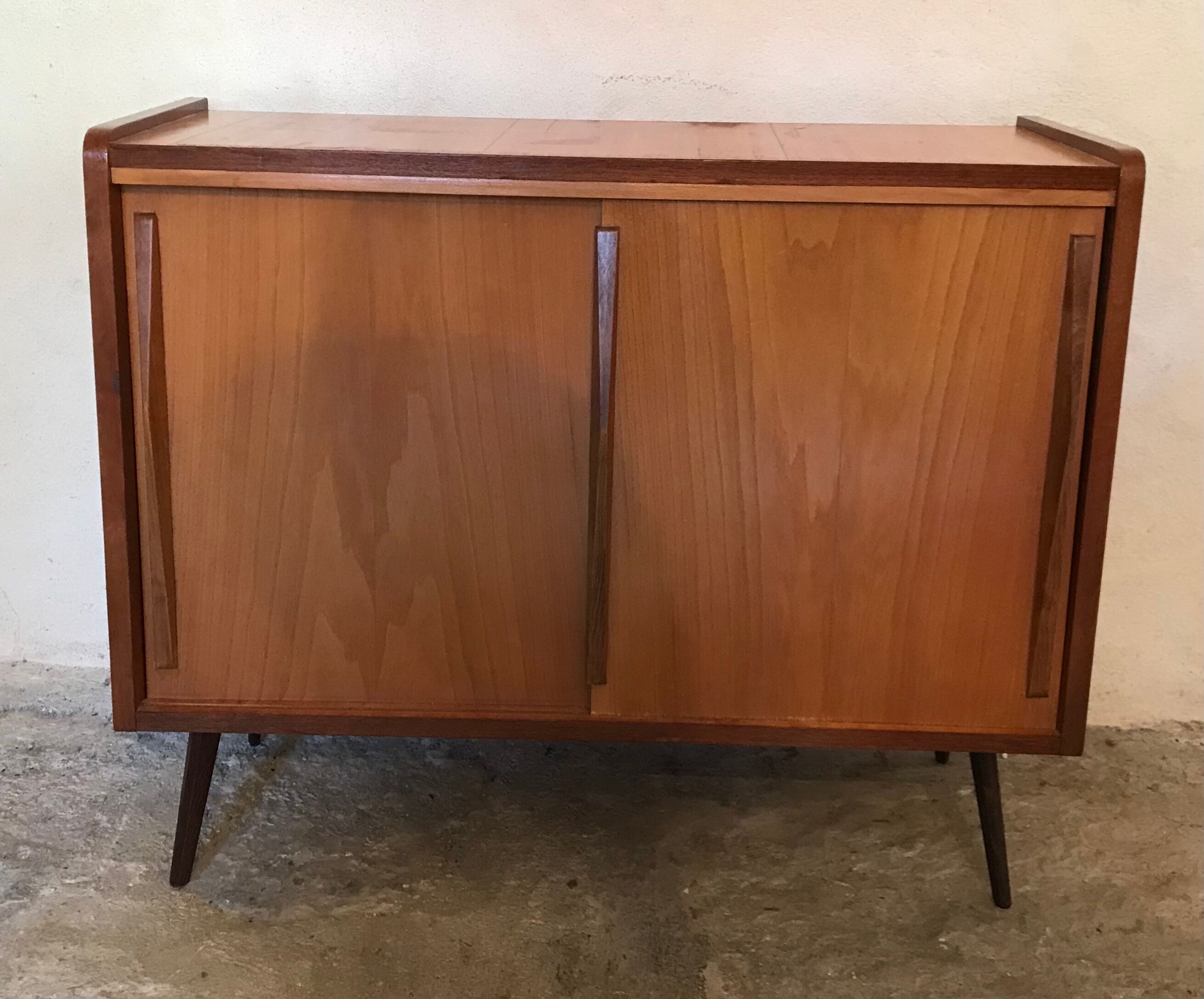 Vintage storage cabinet sliding doors feet compass