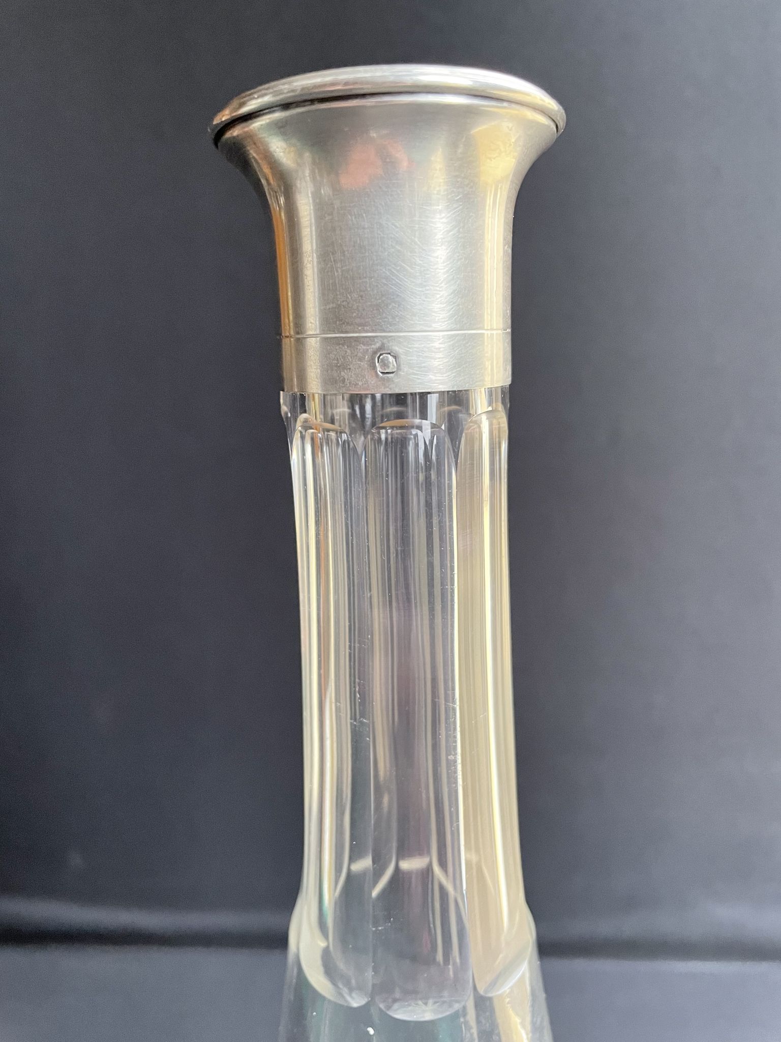Blown crystal decanter, cut and silver collar