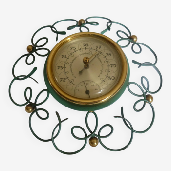 Ancien baromètre / thermomètre en métal vert et doré