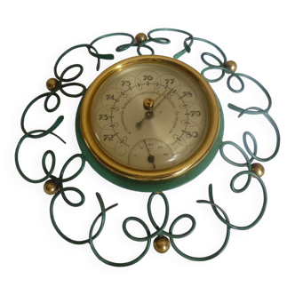 Old barometer / thermometer in green and gold metal
