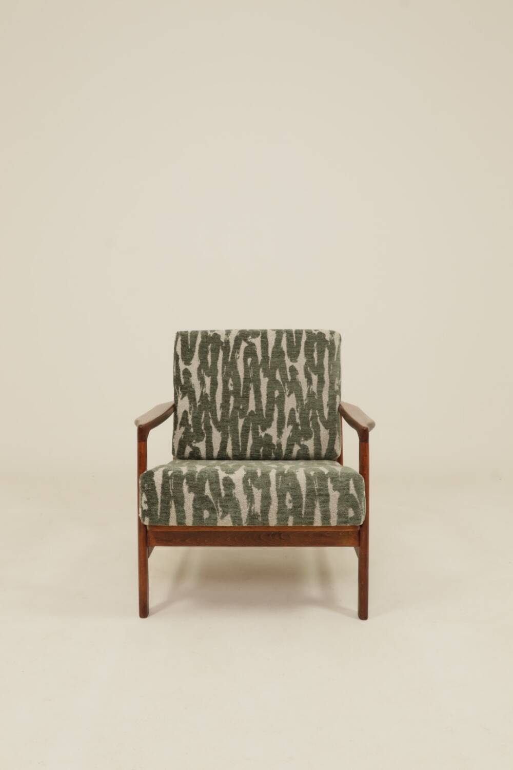 Vintage green jacquard armchair, mid-century modern design, 1965.