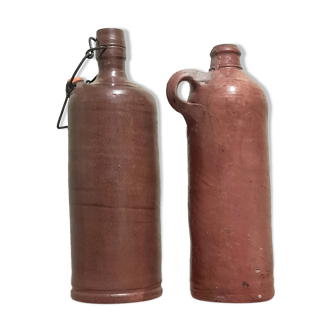 2 antique bottles in raw & refined enamelled stoneware