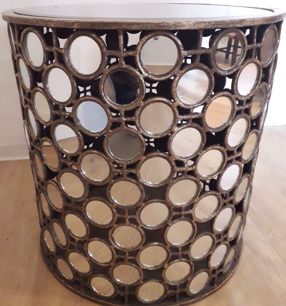 Gilt metal mirrored drum table