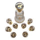 Liqueur service, 1 carafe & 6 small glasses, golden floral decoration.