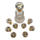 Liqueur service, 1 carafe & 6 small glasses, golden floral decoration.
