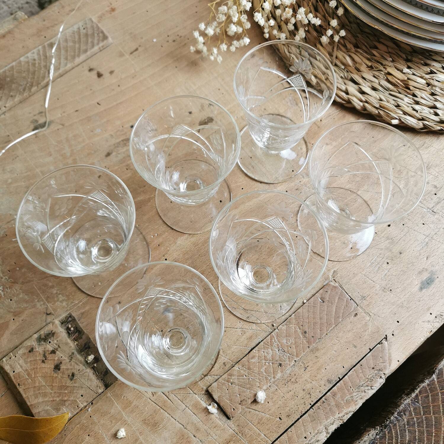 6 Chiseled Crystal Glasses, 1950s