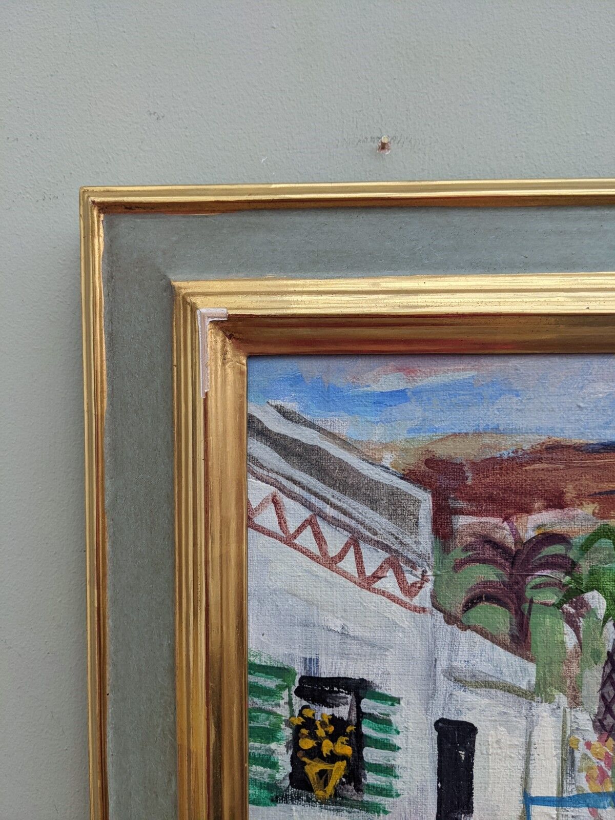 Tableau ancien « shophouses » scène de rue paysage peinture à l’huile, encadré