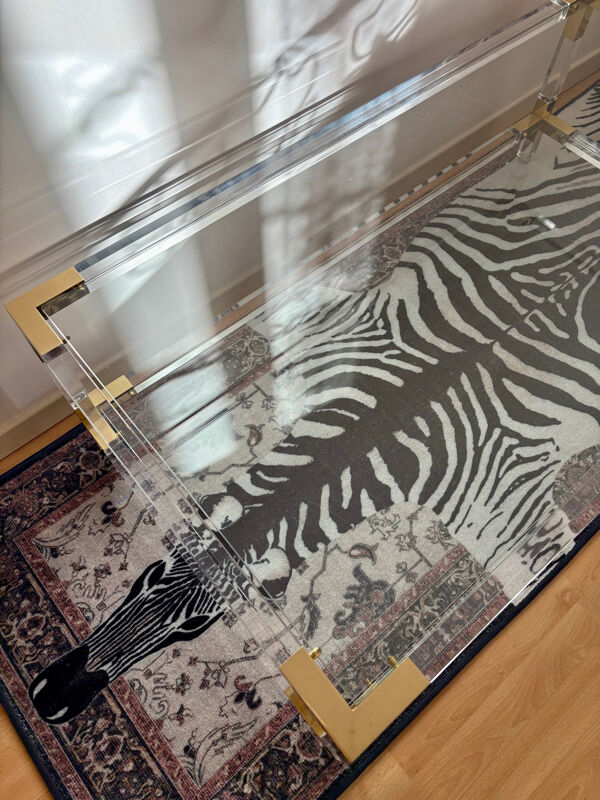 Table basse italienne Fabian verre, plexiglas et laiton, 1970-80