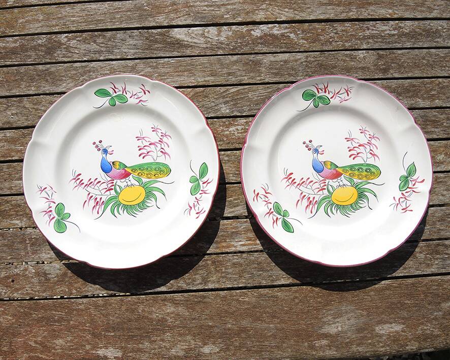 2 Old St Clément Plates: Peacock