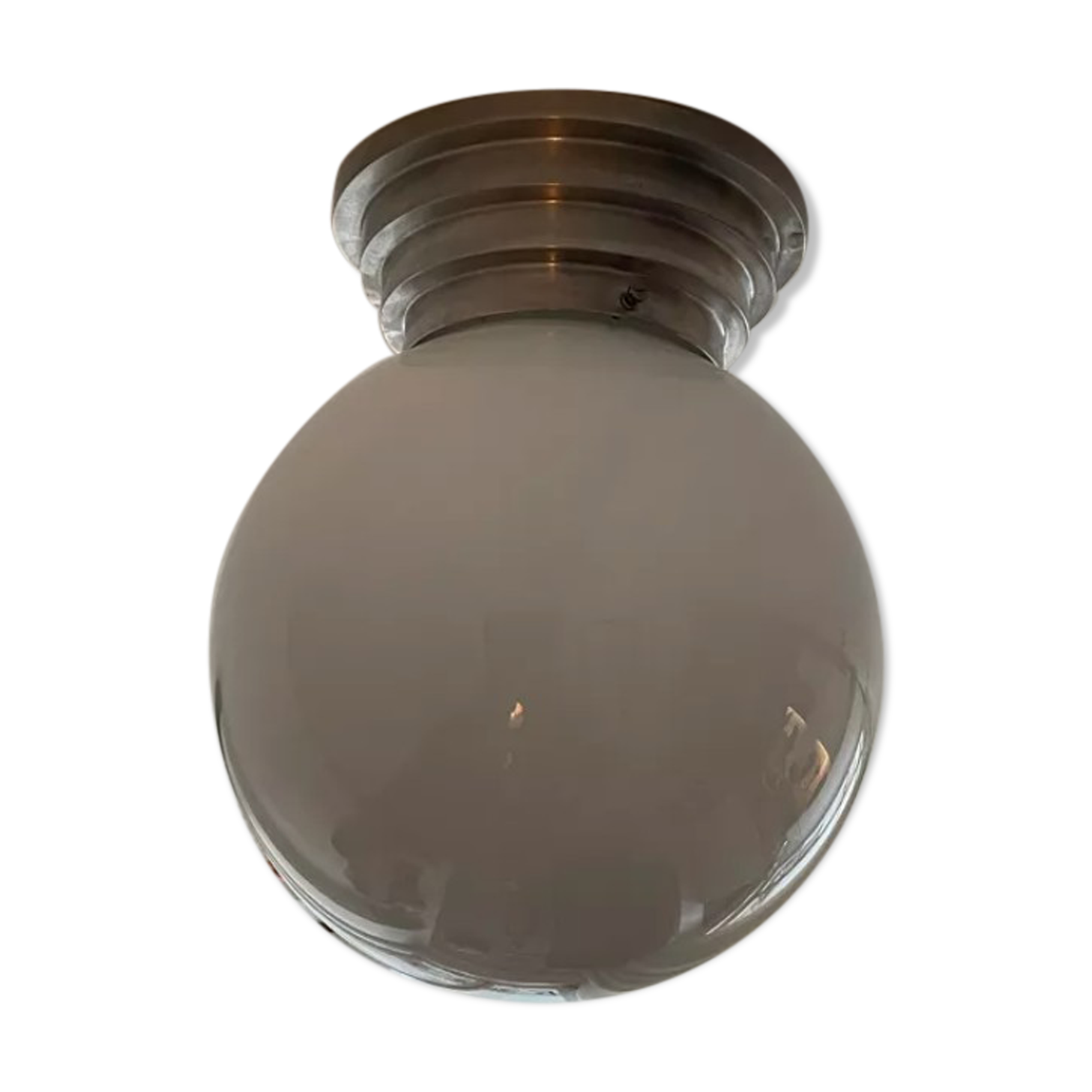 Modernist art deco stepped ceiling lamp, chrome and opaline, vintage