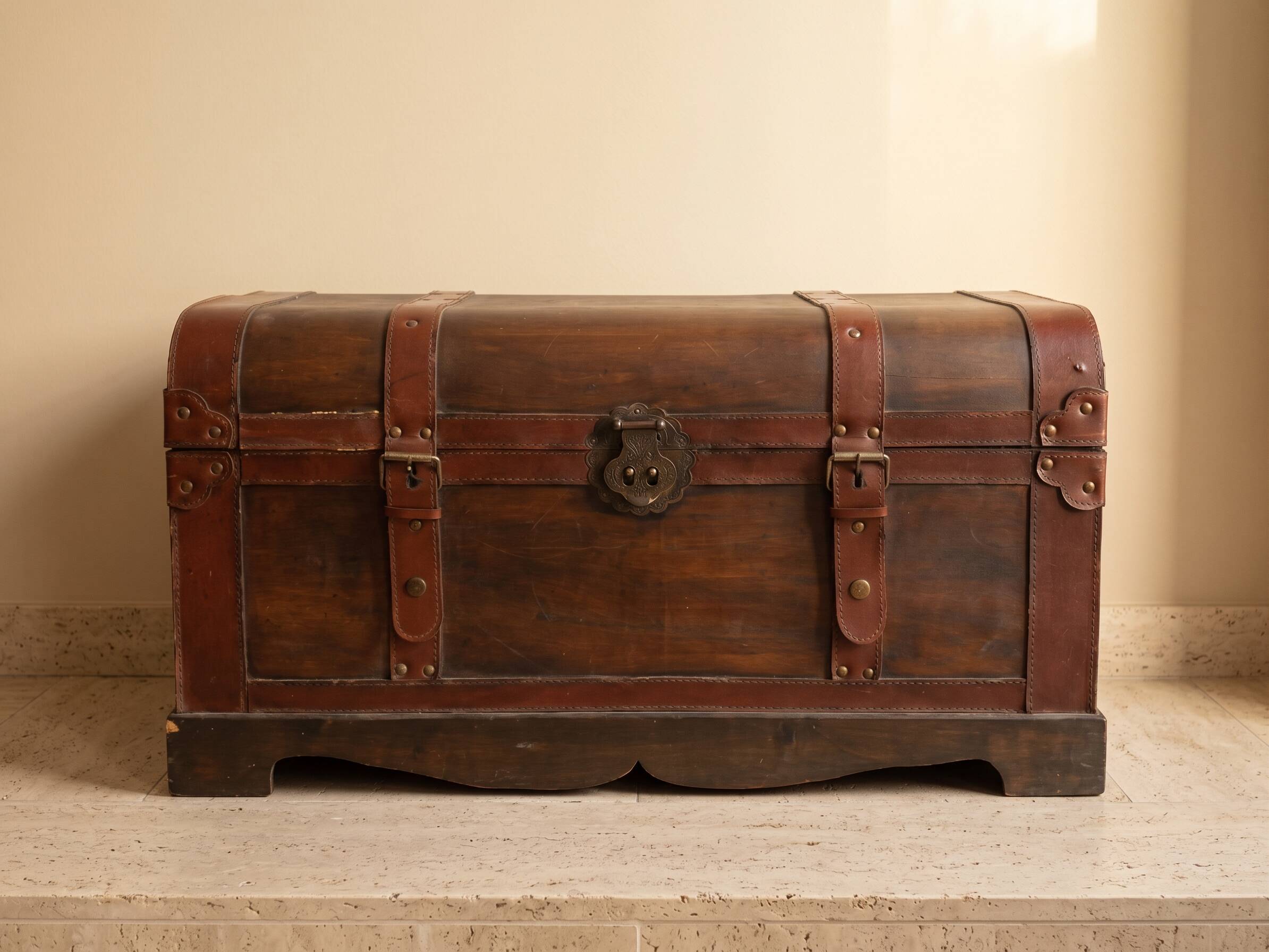Wooden trunk with leather and metal, ultra chic and elegant in a living room or bedroom.