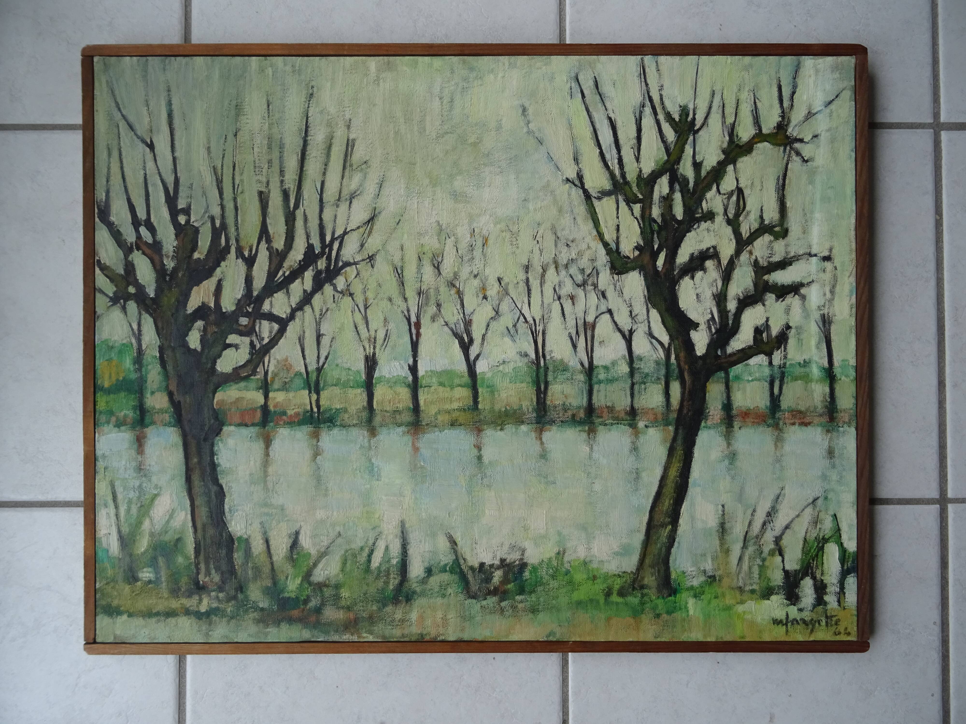 Landscape painting riverside 1964 vintage M. Fargette