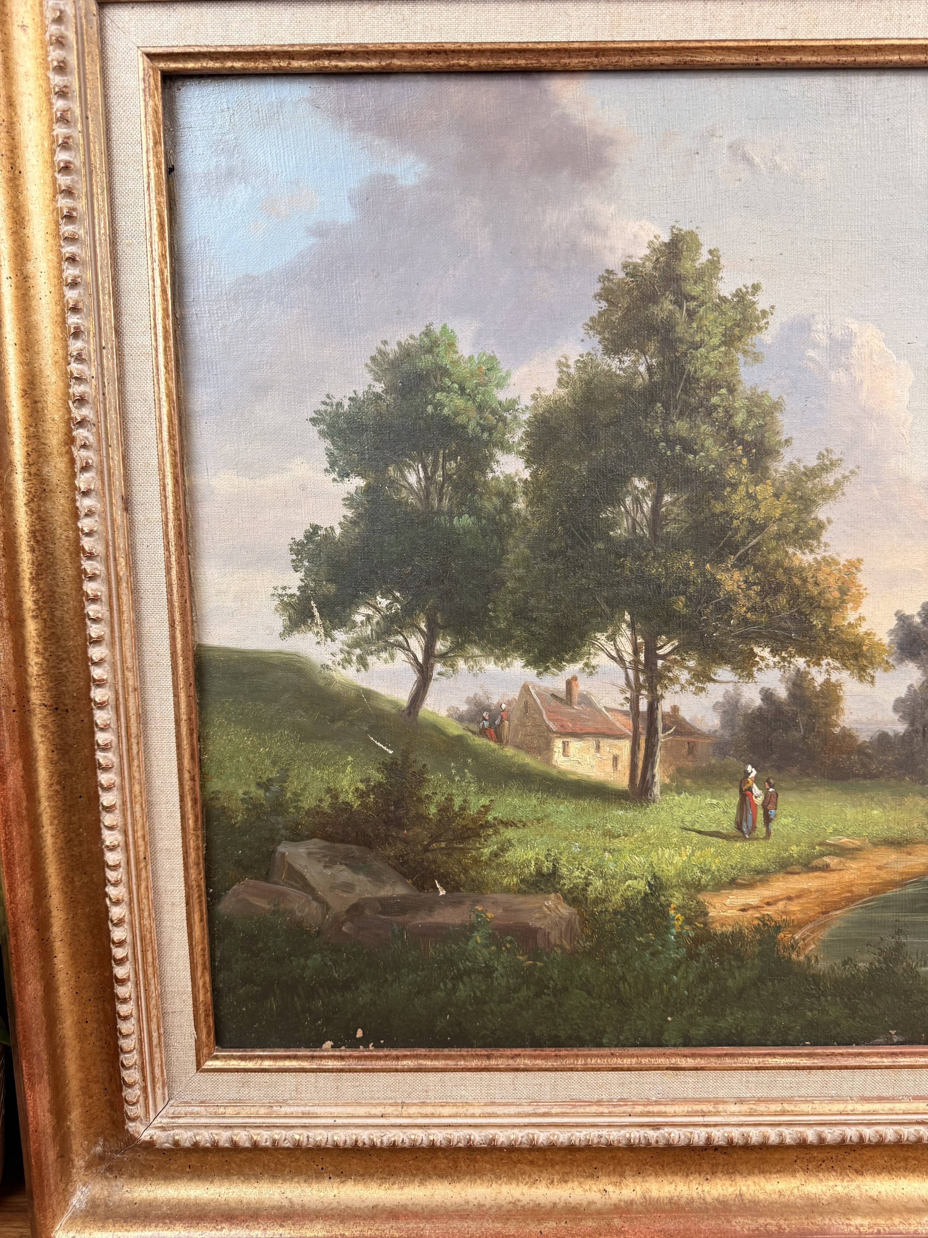 Oil on canvas landscape by the river – antique gilded frame