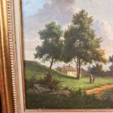 Oil on canvas landscape by the river – antique gilded frame