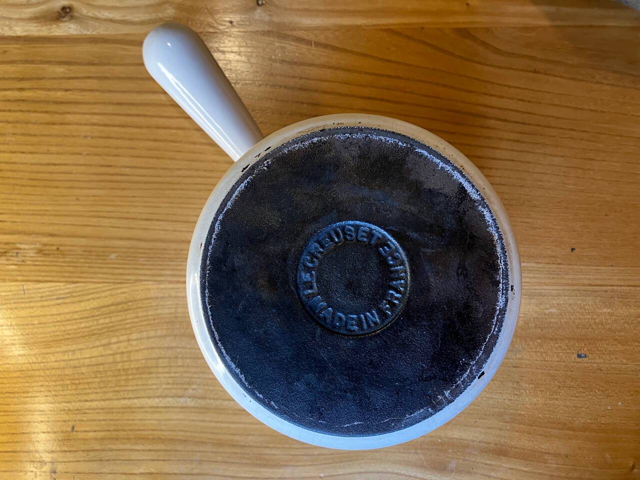 Vintage Le Creuset enameled cast iron fondue pot from the 1970s