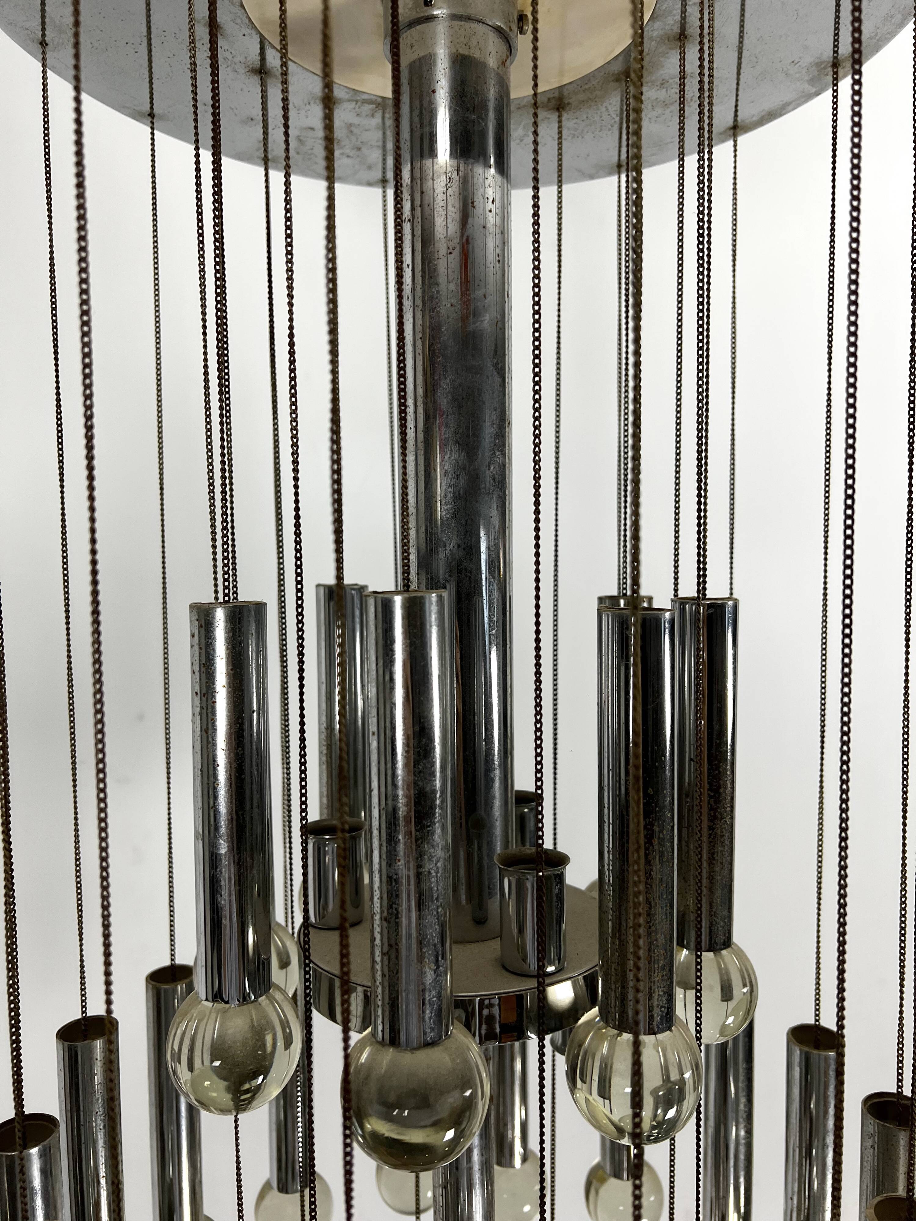 Mid- Century glass and chrome chandelier by Sciolari. Italy 1960s