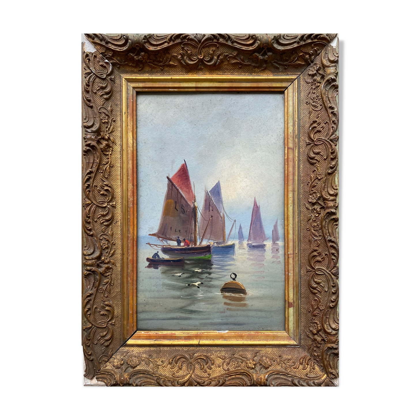 Painting XIX° HSP Marine Sailboats "Return from fishing" school of E. Gauffriaud