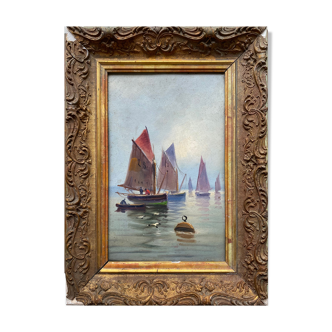 Painting XIX° HSP Marine Sailboats "Return from fishing" school of E. Gauffriaud