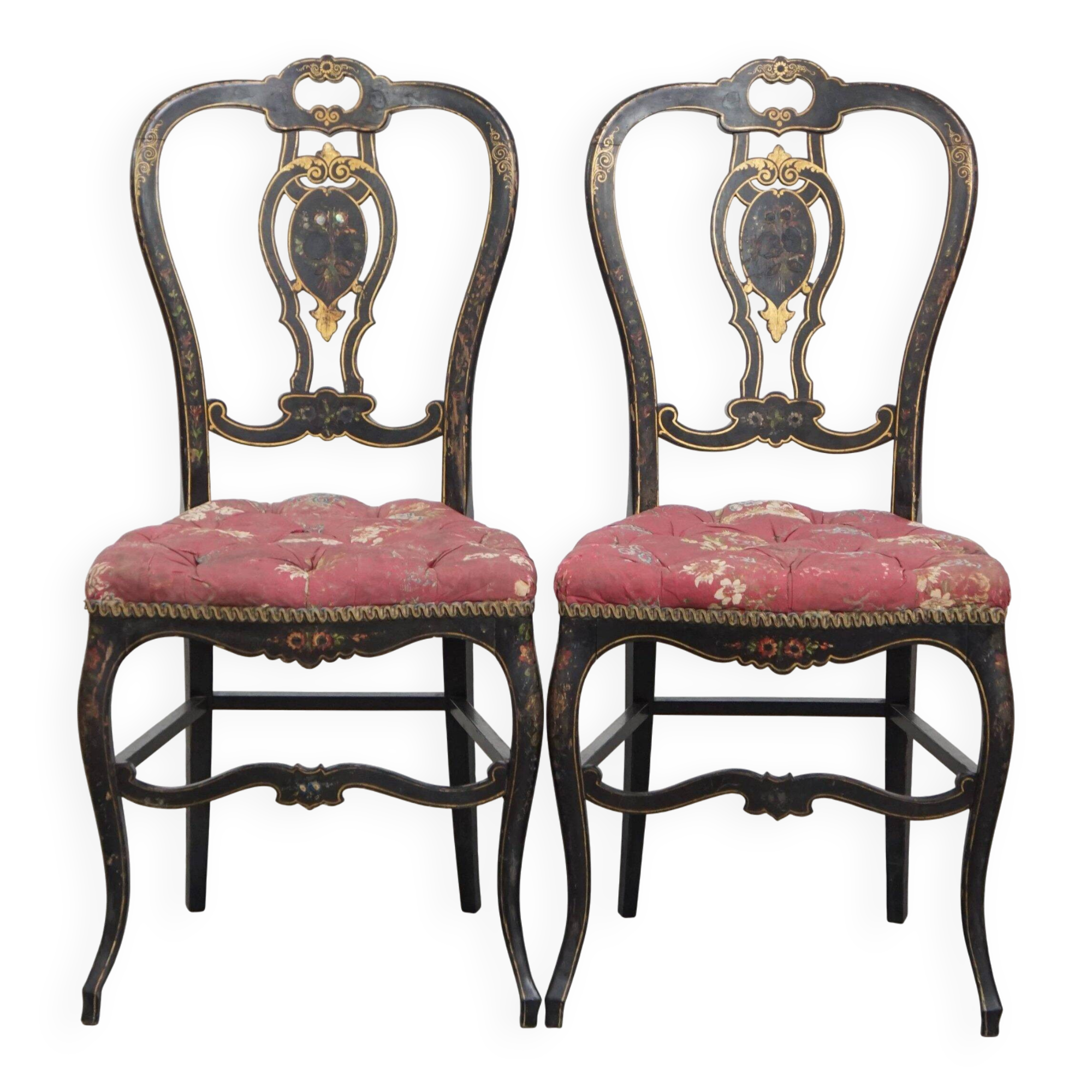Set of 2 antique French Napoleon III chairs inlaid with mother-of-pearl