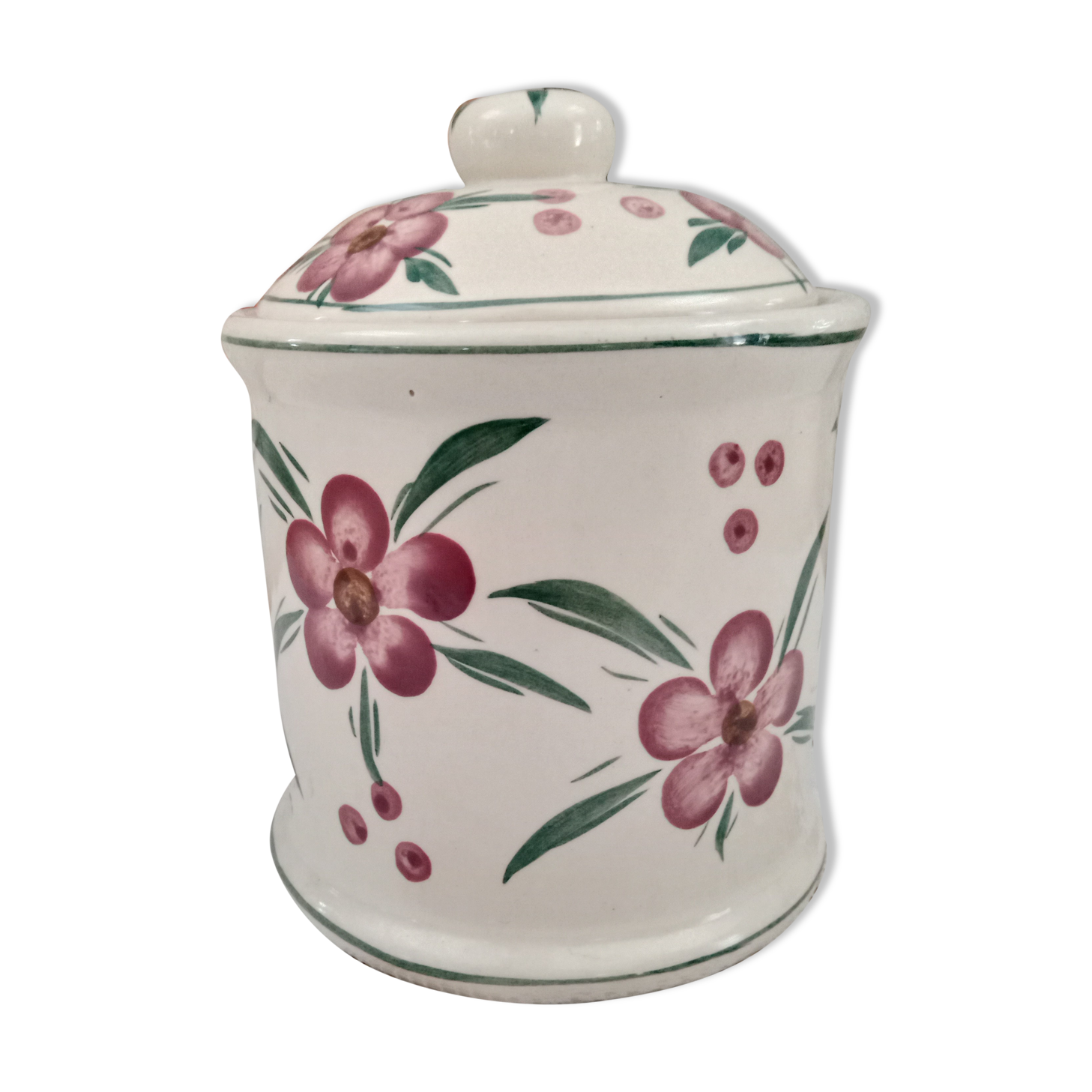 Vintage beige ceramic lid jar decorating pink flowers