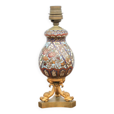 Lampe émail cloisonné pied bronze dauphin,lampe napoléon III, lampe à poser