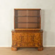 Classic two-piece Art Deco display cabinet from the 1930s with striking burl wood veneer