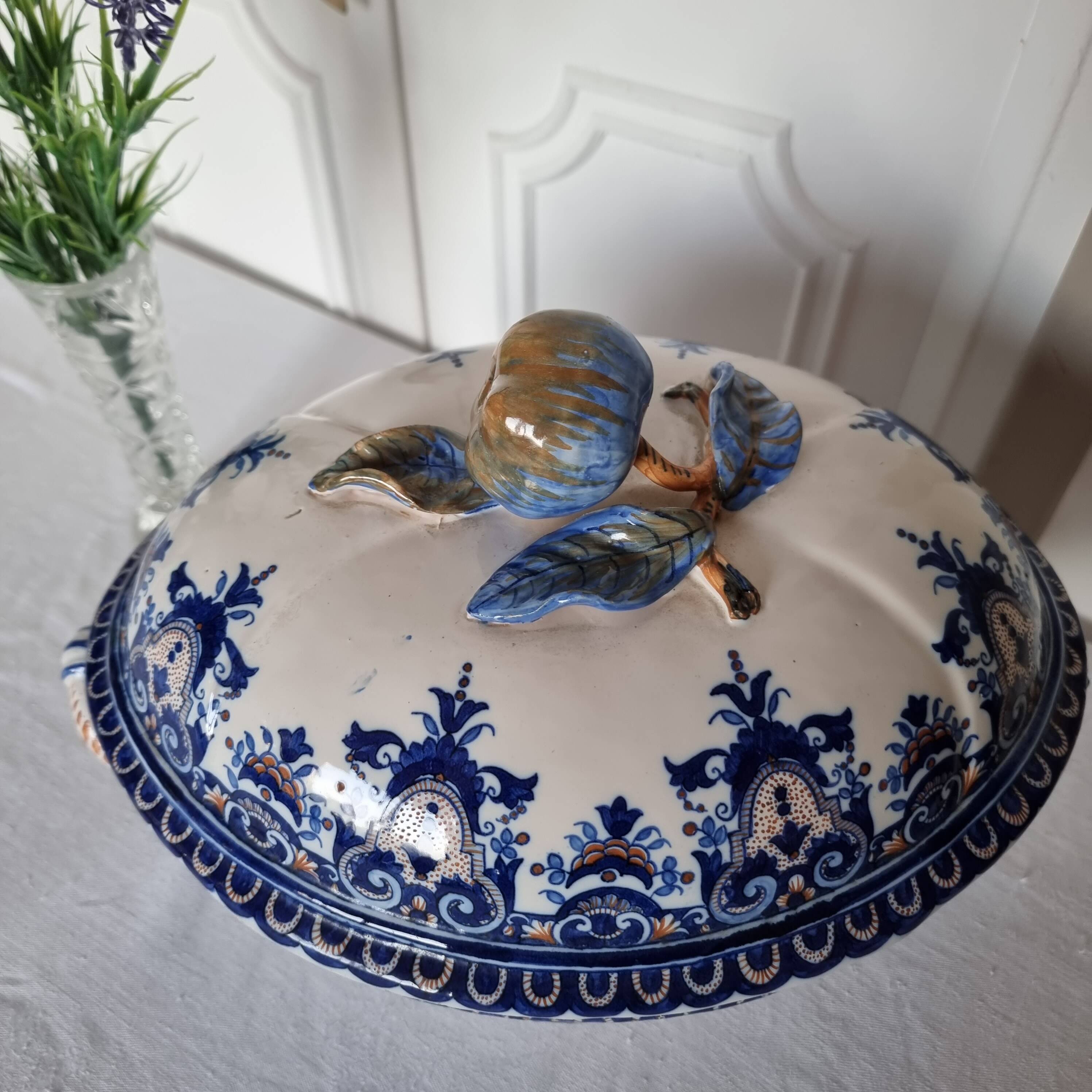 Antique earthenware tureen by Émile Tessier (1887-1971), Malicorne, France