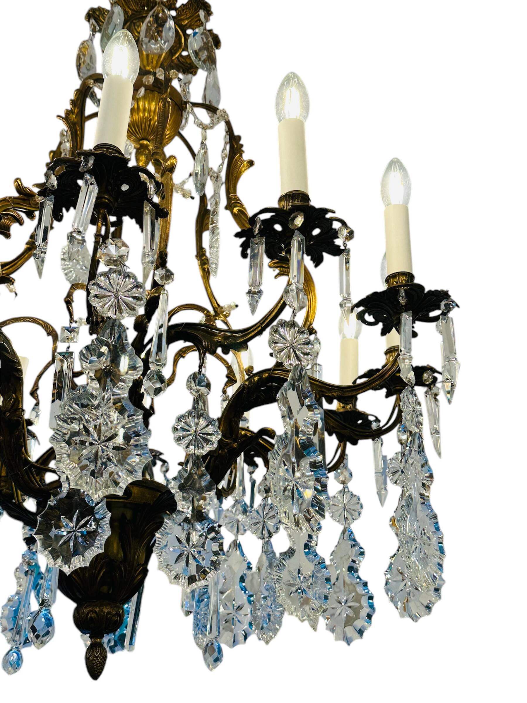 Italian 1940’s Bronze brass and Crystal chandelier