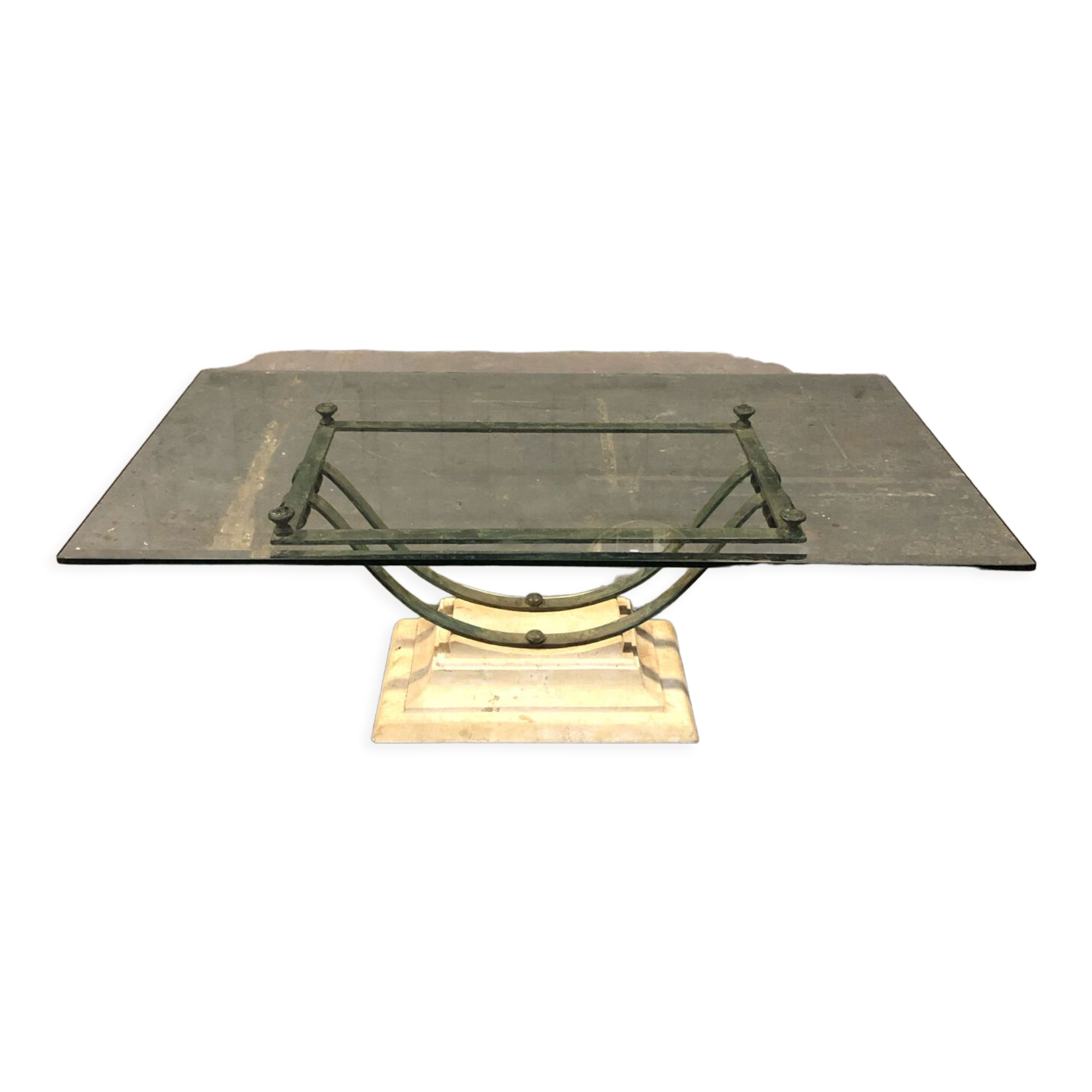 Table basse fer et verre patine antique