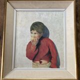 Portrait painting of a child with an apple signed Paoli vintage 1950