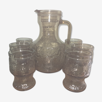 Carafe and 6 glasses, in transparent brown glass - Italy - Vintage