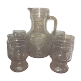 Carafe and 6 glasses, in transparent brown glass - Italy - Vintage
