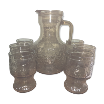 Carafe and 6 glasses, in transparent brown glass - Italy - Vintage