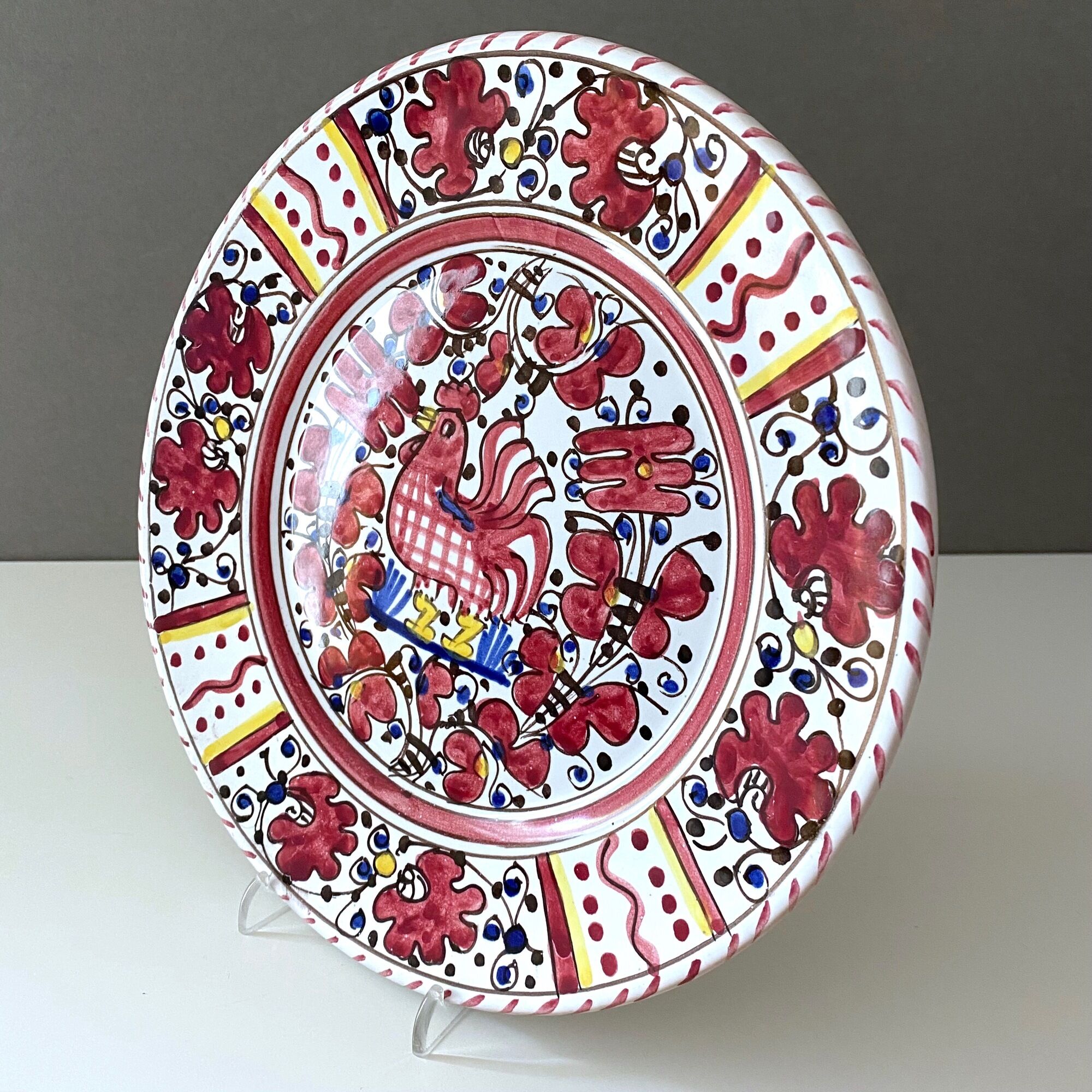 Wall plate by Deruta Etrusca, red rooster, Italian Majolica Pottery handpainted