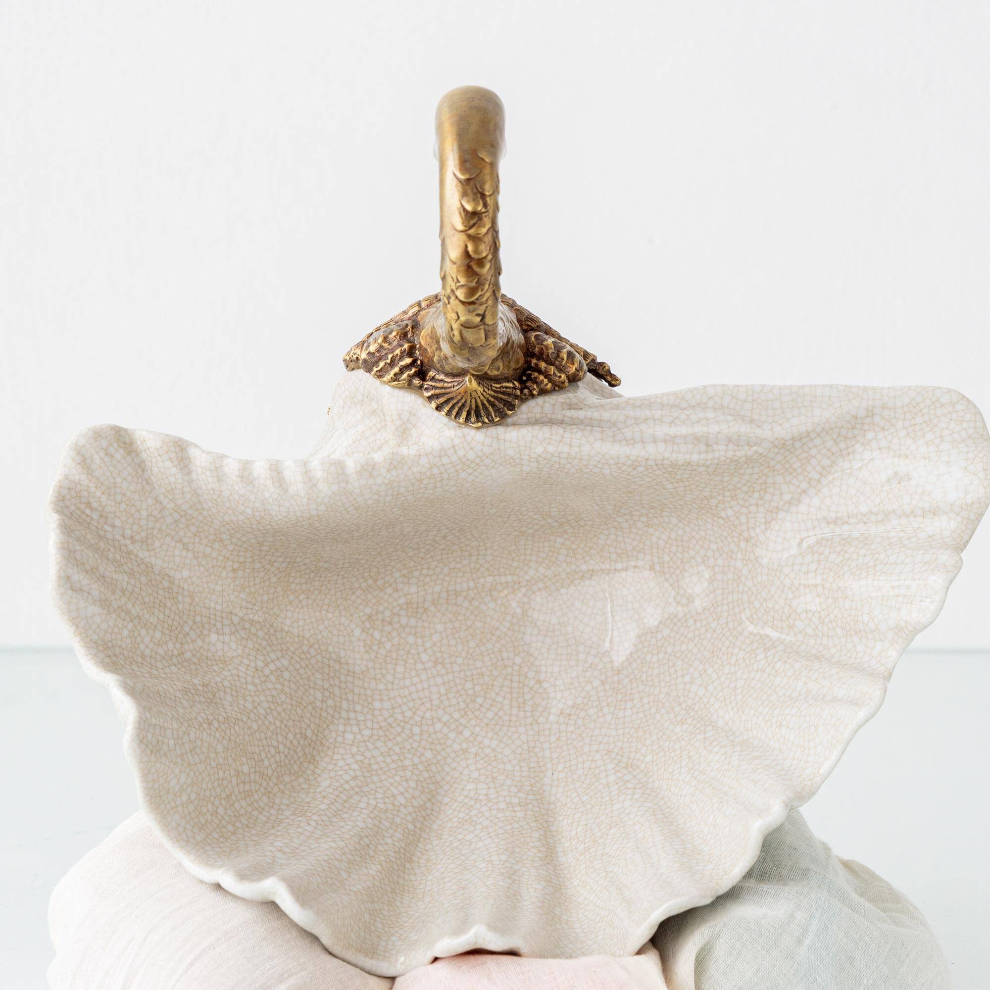 Sculptural Art Nouveau Swan Coupe in Crackled Glazed Porcelain and Gilded Metal