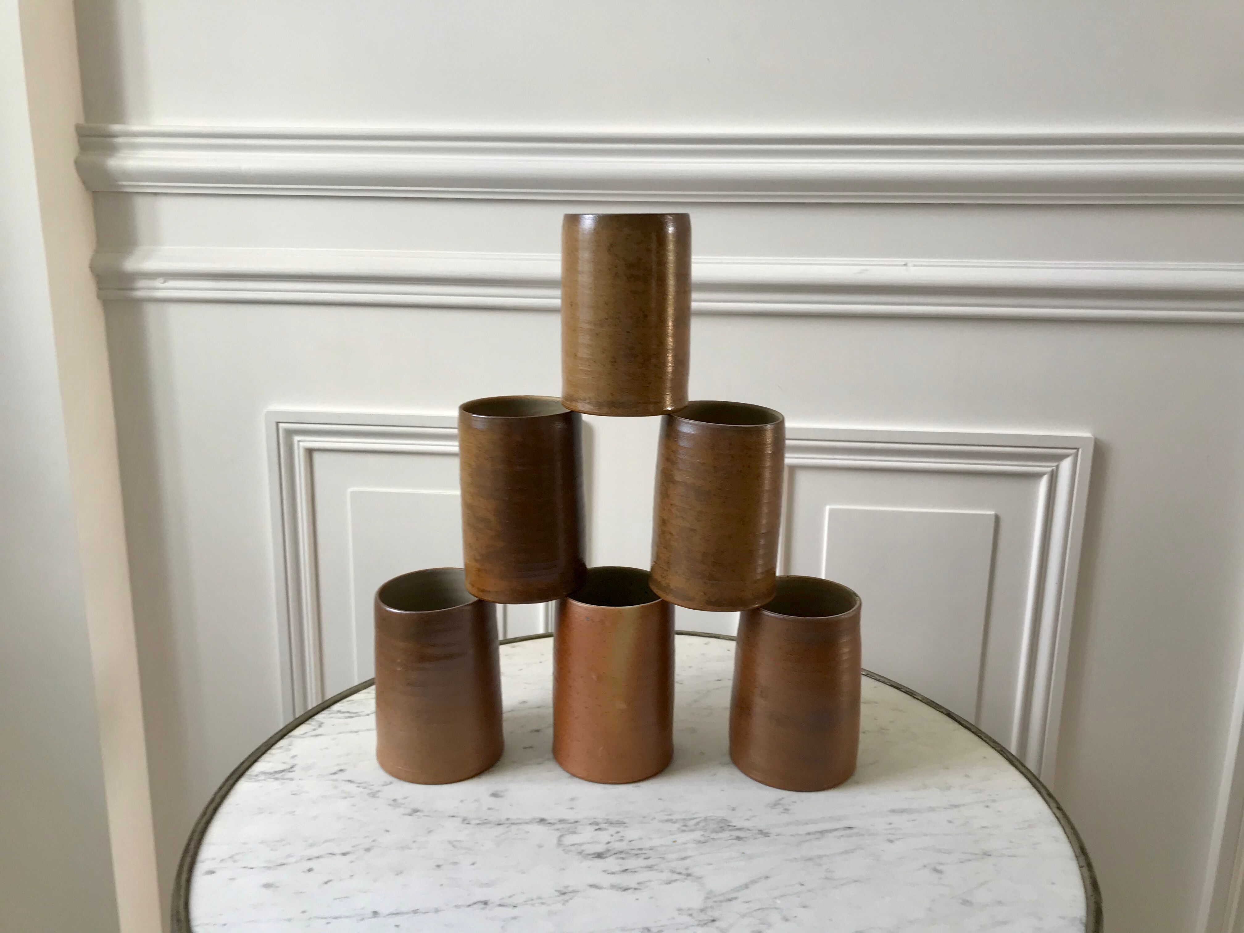 Set of 6 handmade handmade stoneware mugs 70s