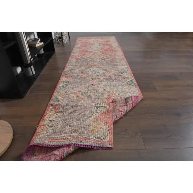 1970s Turkish Oushak Handmade Wool Cotton Pink Runner Rug 78x345