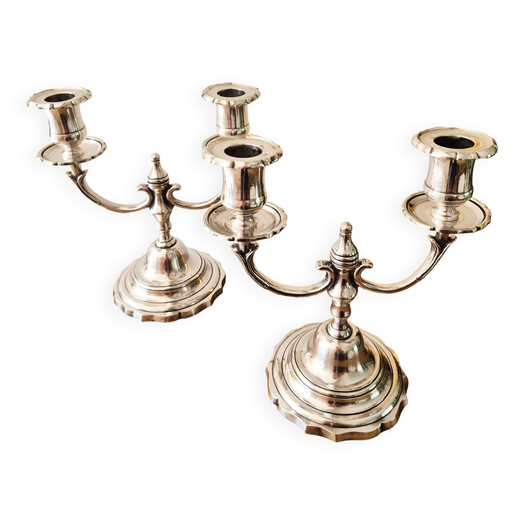Pair of silver-plated metal candlesticks with 2 branches.