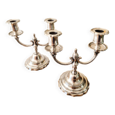 Pair of silver-plated metal candlesticks with 2 branches.