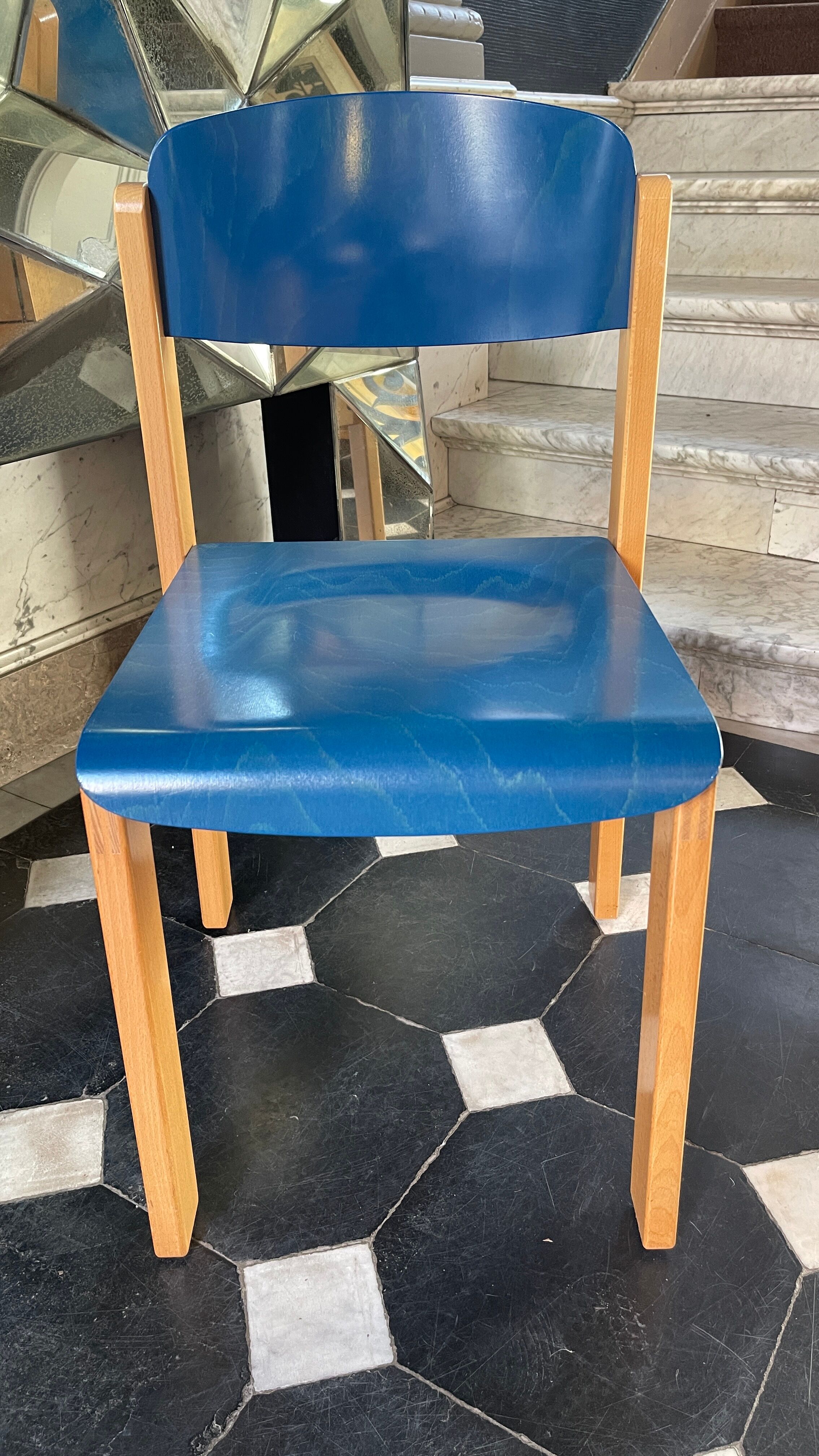 Series of 6 stackable vintage chairs, italian design, blue tinted beech, ca 1980