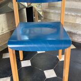 Series of 6 stackable vintage chairs, italian design, blue tinted beech, ca 1980