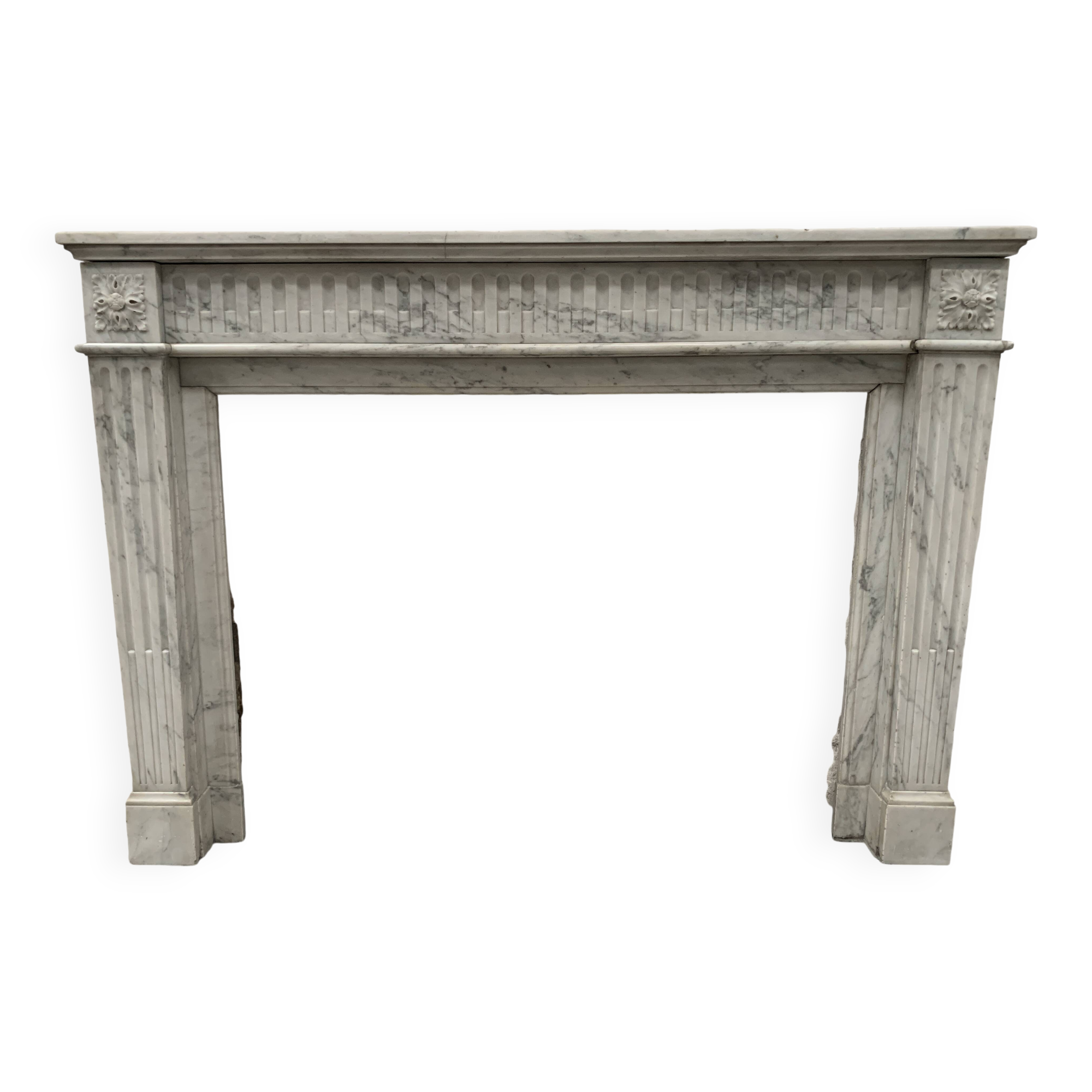 Louis XVI Style Fireplace in White Veined Carrara Marble, 19th Century
