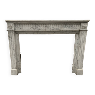 Louis XVI Style Fireplace in White Veined Carrara Marble, 19th Century