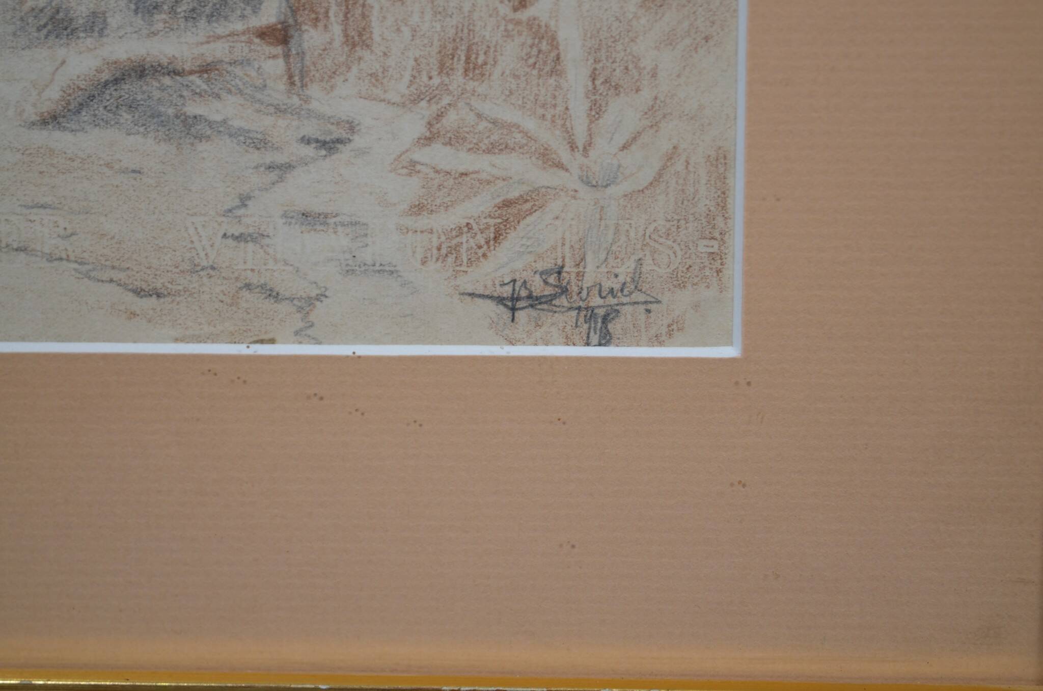 Pencil drawing "Landscape of Ruins" 1918 signed and dated