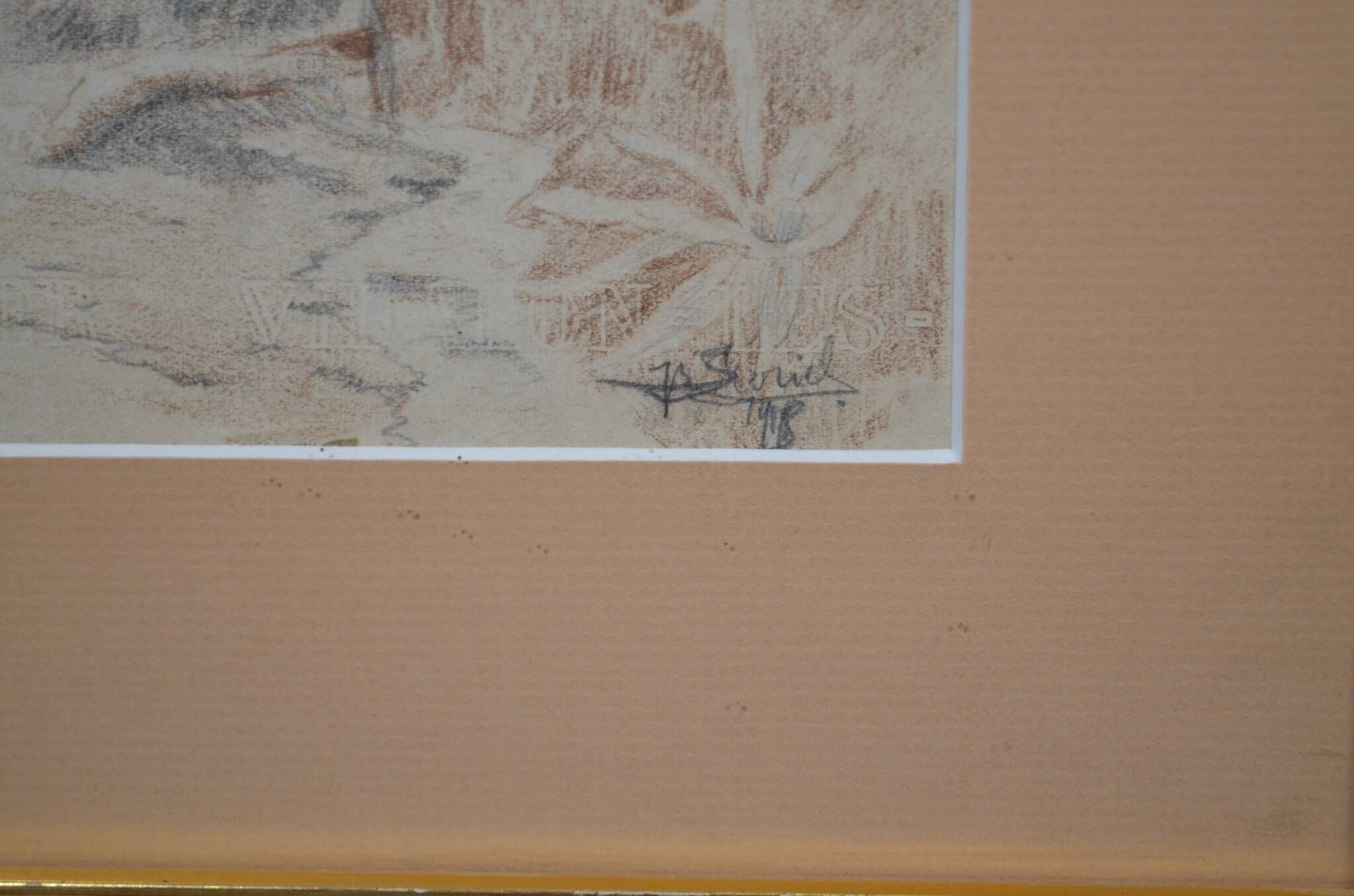 Pencil drawing "Landscape of Ruins" 1918 signed and dated