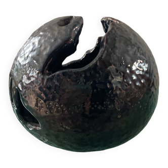 Large brutalist spherical vase in iridescent glazed terracotta