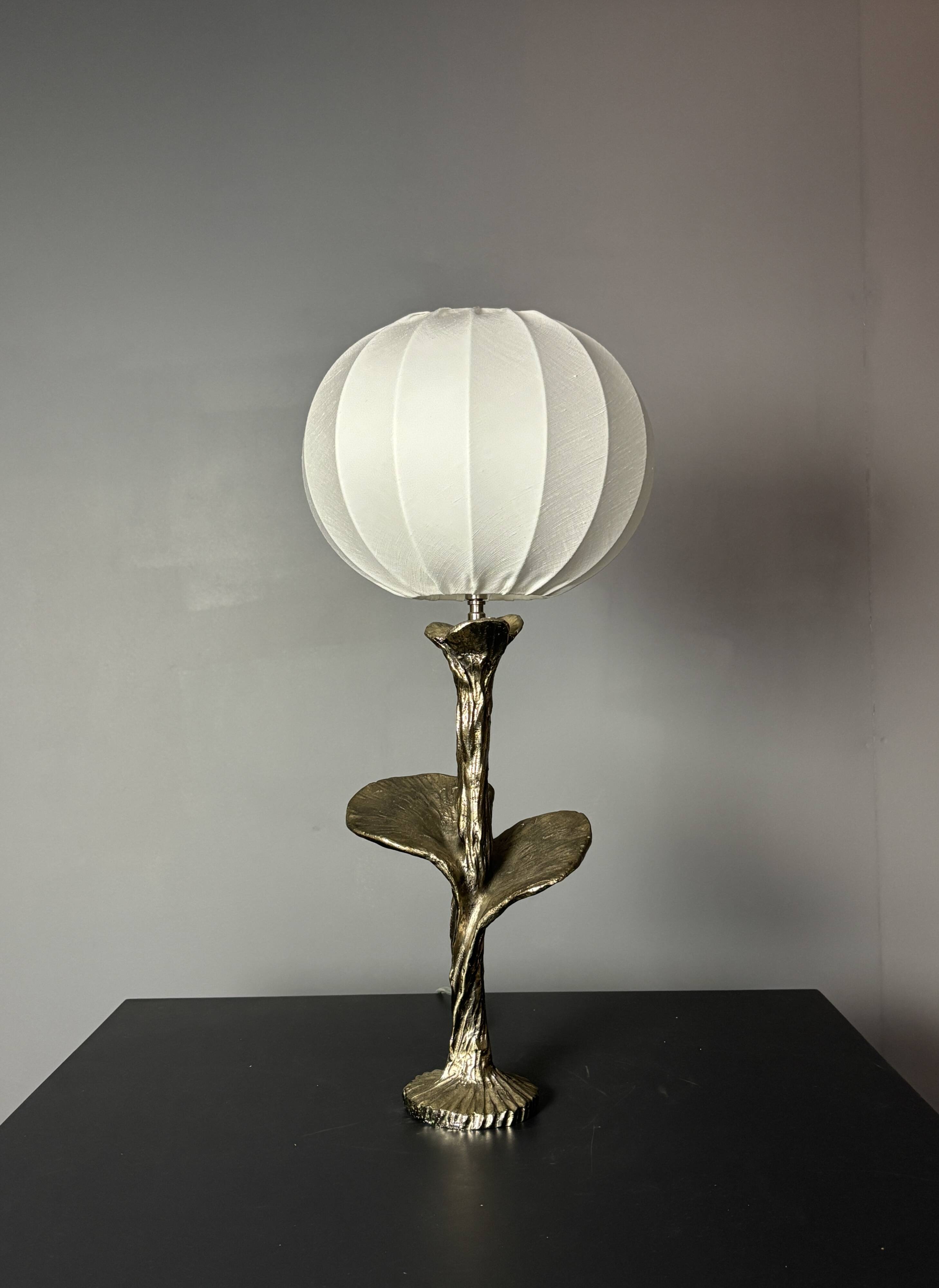 Solid brass silver custom made flower lamp with cocoon fabric shade, 1970s