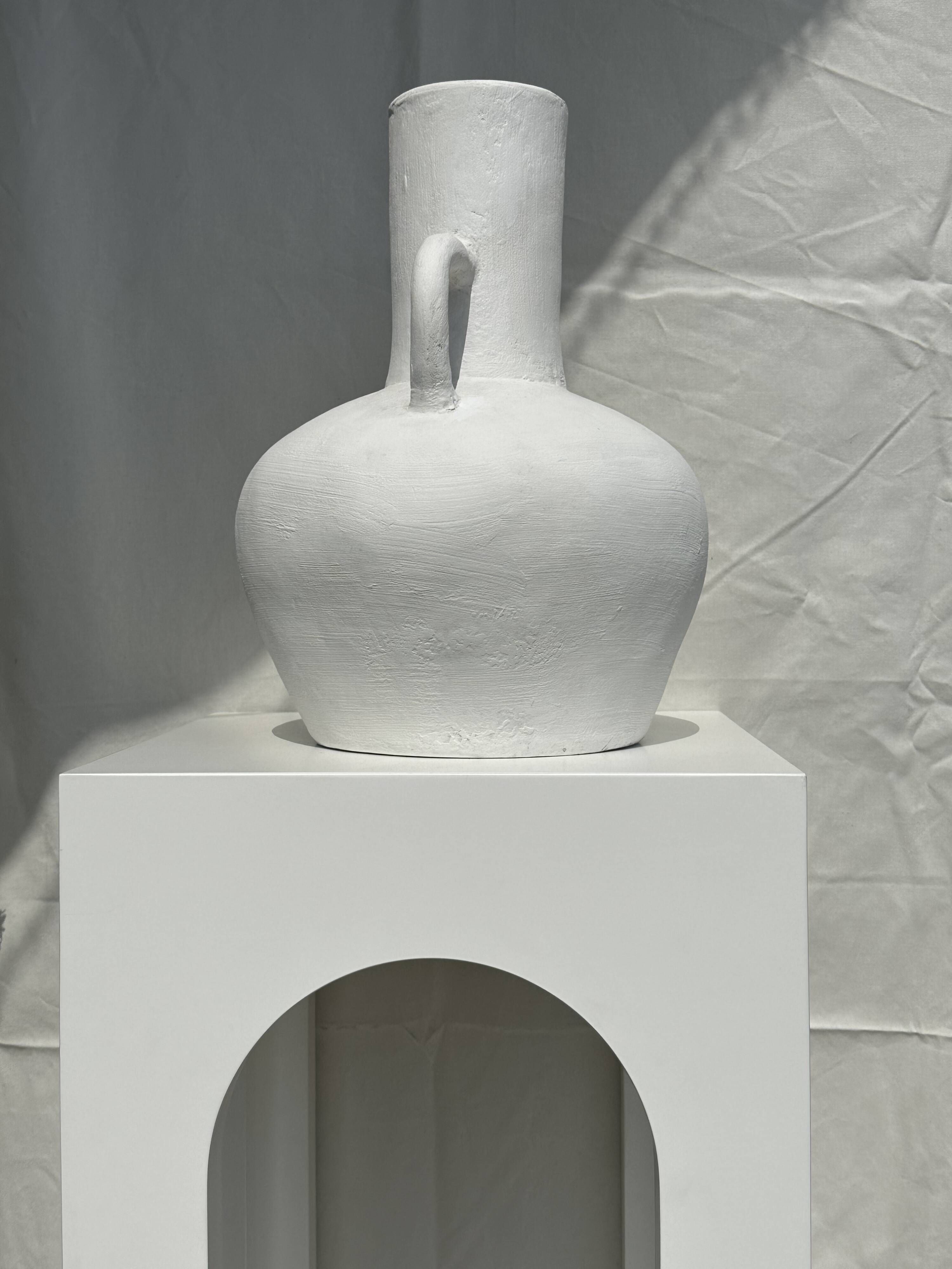 Large handcrafted terracotta vase painted white with double handles H40 D30